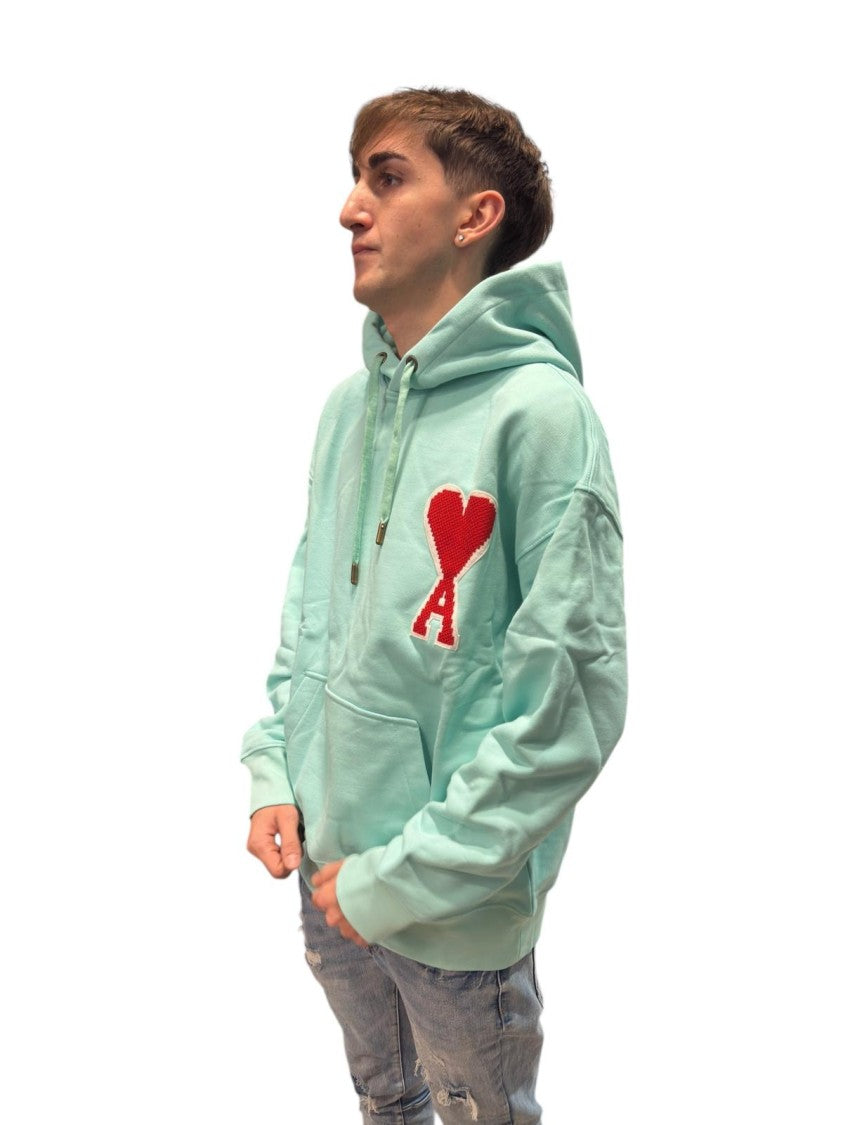 Ami Paris Light Mint Green Large Heart-Emblem Hooded Sweatshirt