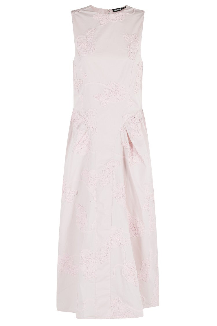 Rotate Pink Flower Embroidered Sleeveless Cotton Midi Dress