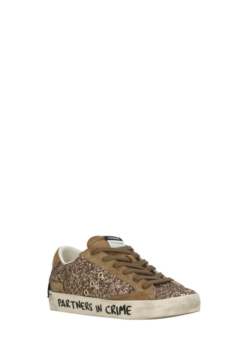 Crime London Brown Glitter Suede Inserts Leather Sneakers