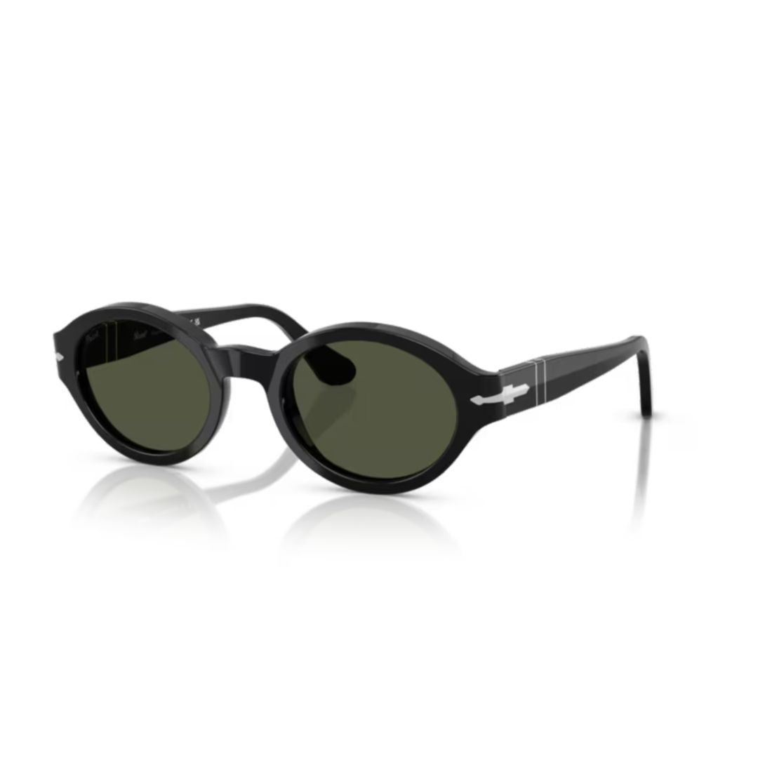 Persol 0Po3378s Rounded Black Acetate Sunglasses With Dark Green Lenses