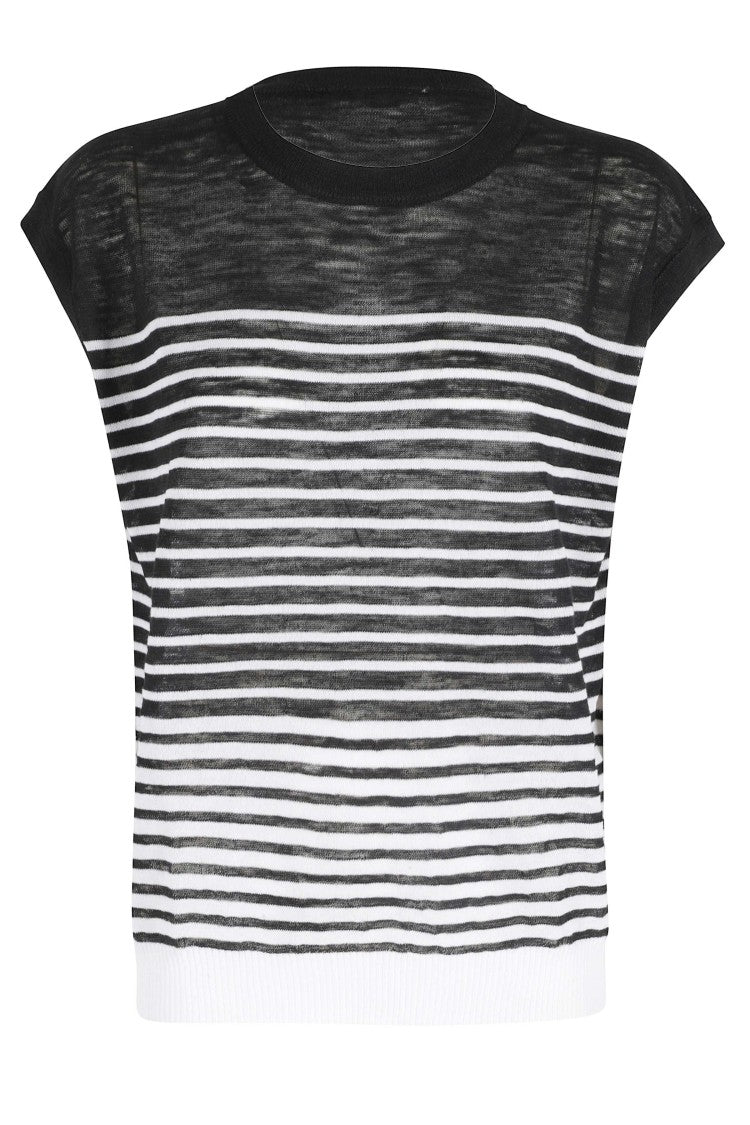 Roberto Collina Black Ribbed Trim Striped Cotton-Blend Top