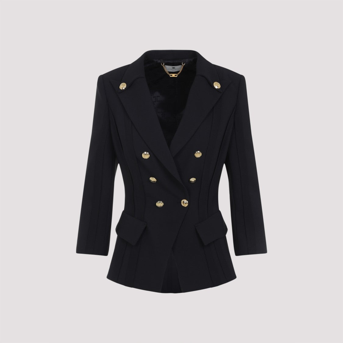 Elisabetta Franchi Fitted Black Crepe Double-Breasted Jacket With Gold Hardware