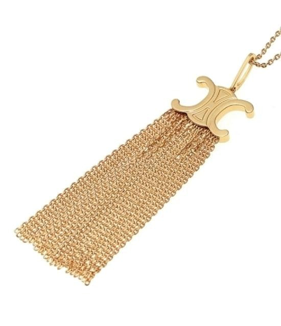 Celine Flowing Tassel Gold Mesh Necklace With Stylized Logo