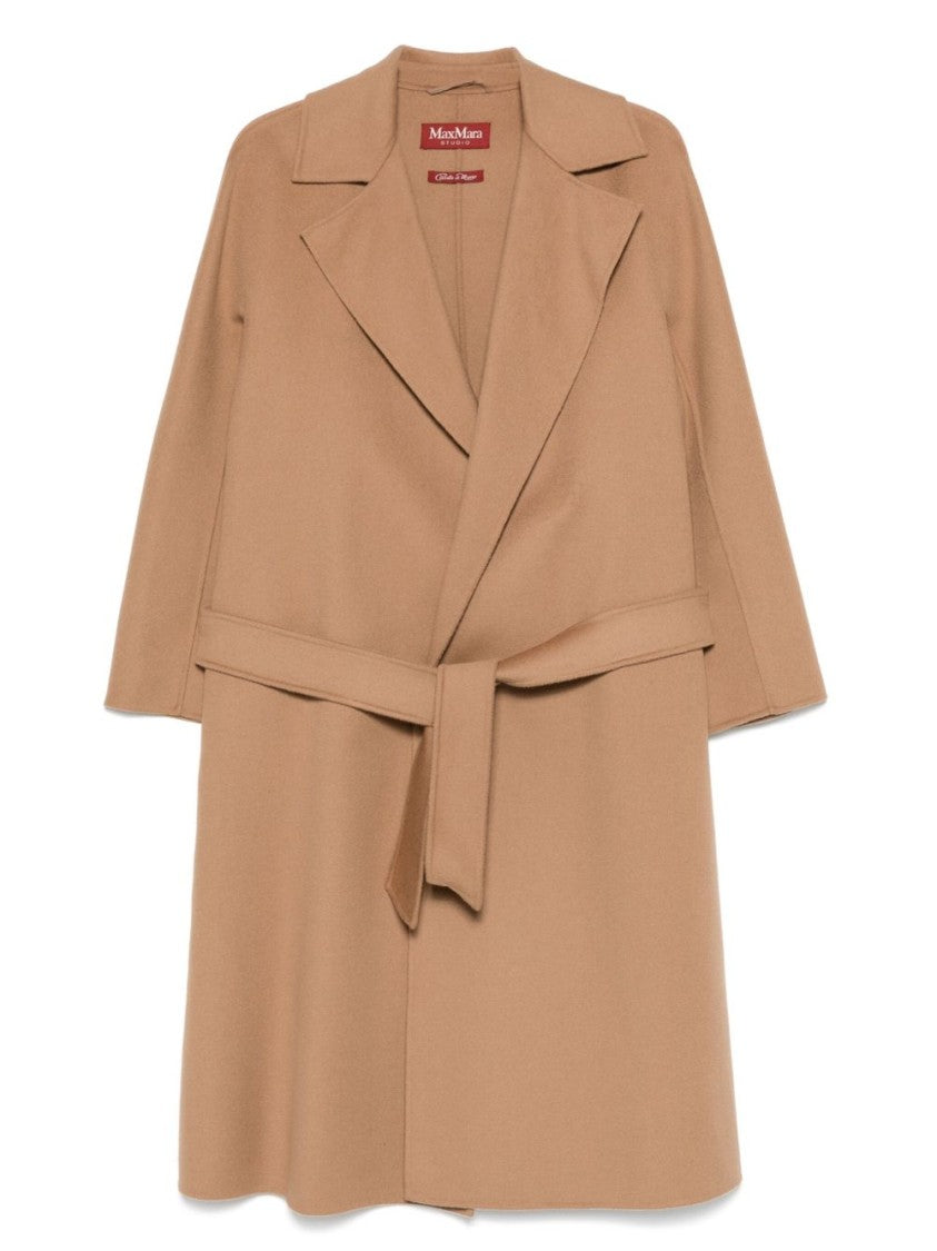Max Mara Knee-Length Camel Coat With Wrap Design And Self-Tie Belt