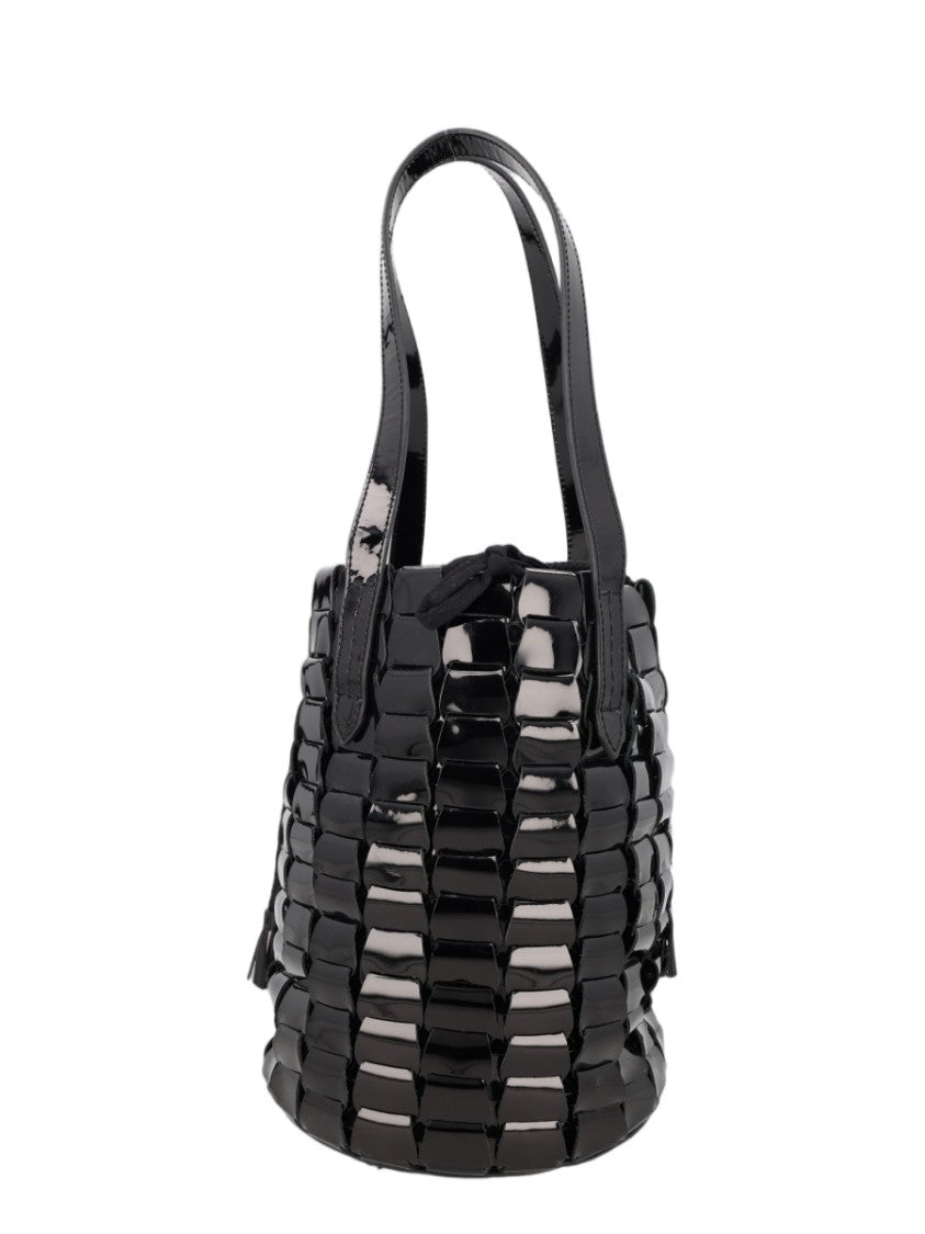 Dragon Diffusion Black Glossy Woven Leather Drawstring Bucket Bag