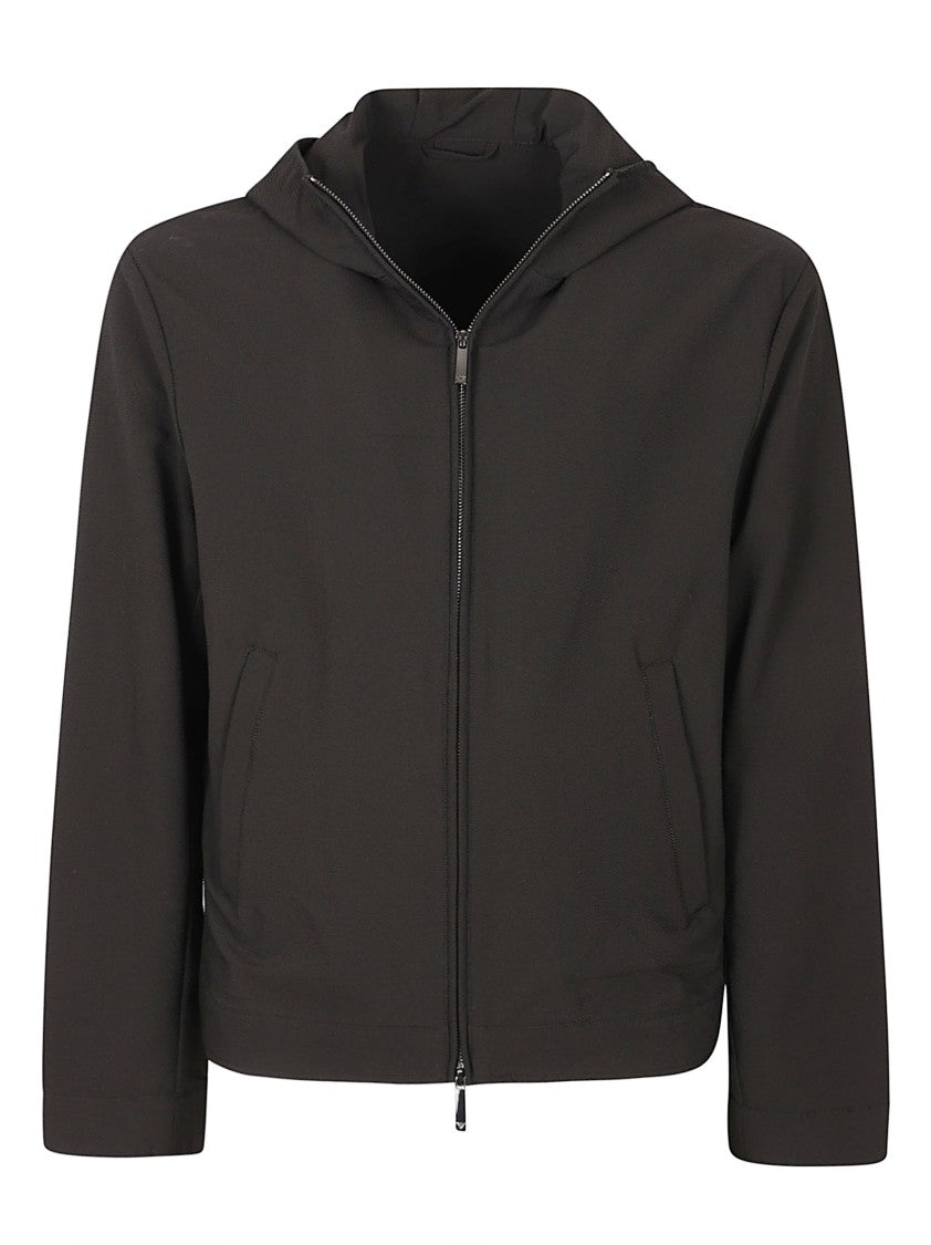 Emporio Armani Cropped Black Jacket With Front Zipper And Hood