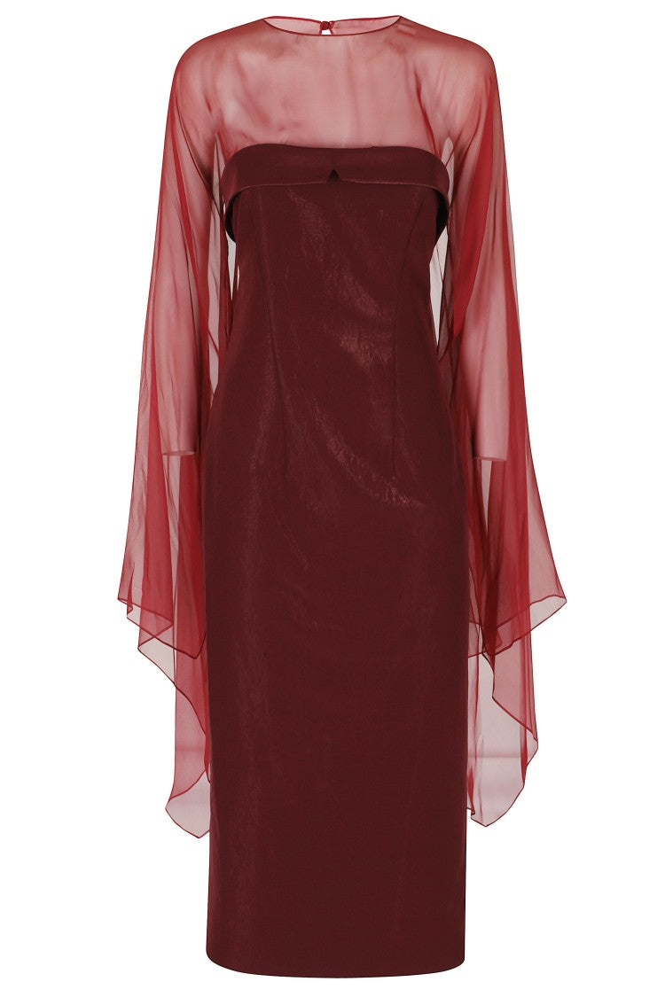 Alberta Ferretti Red Liquid Tailoring Sheer Panel Viscose-Blend Midi Dress