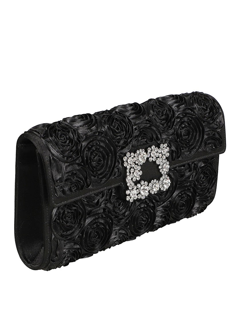 Roger Vivier Rectangular Black Clutch Bag With Rosette Appliqués