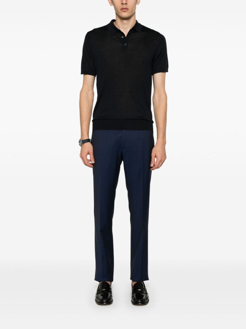 Corneliani Silk Polo-Design Black Sweater With Soft Collar