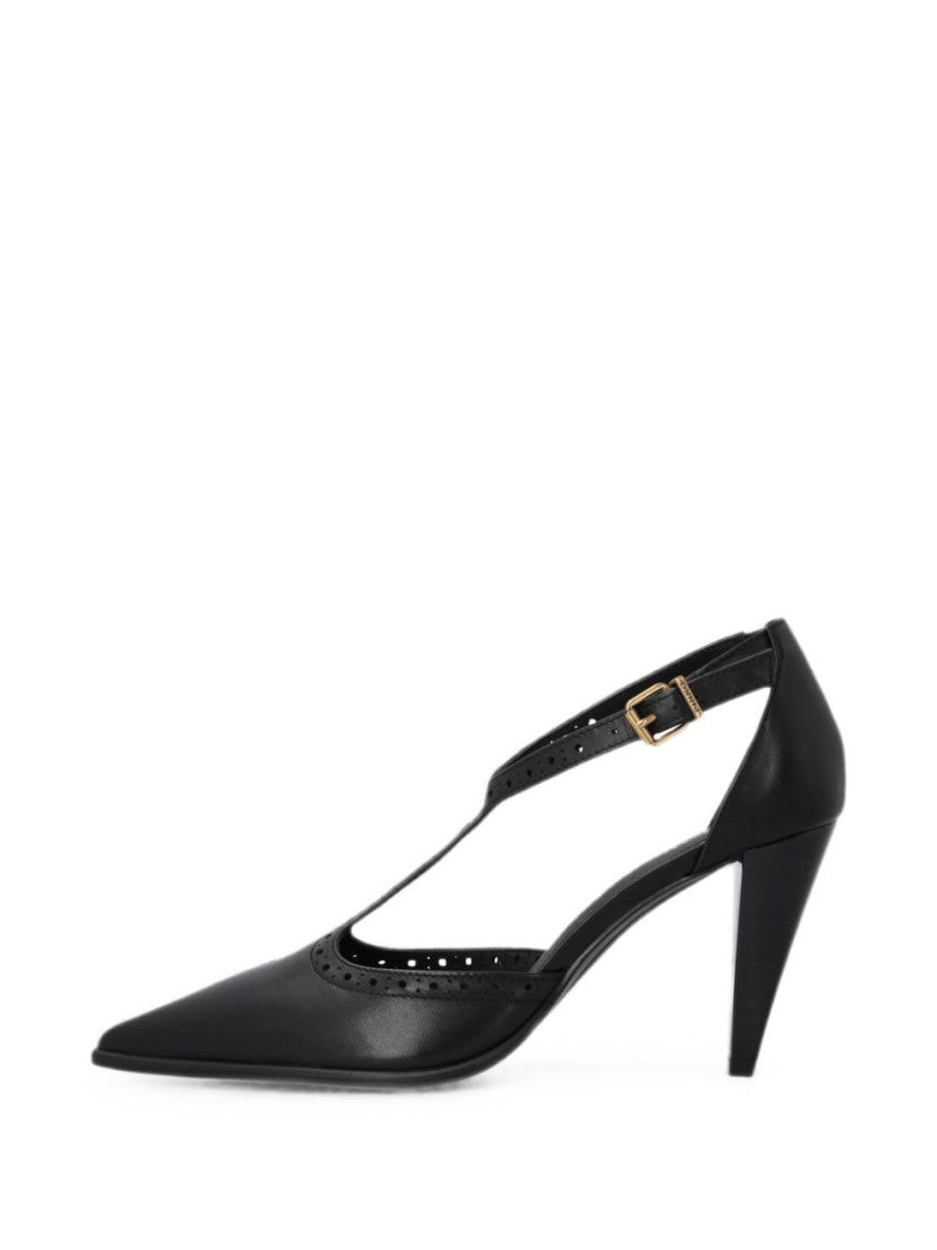 Pinko Black Pointed Toe T-Strap Perforated Pumps