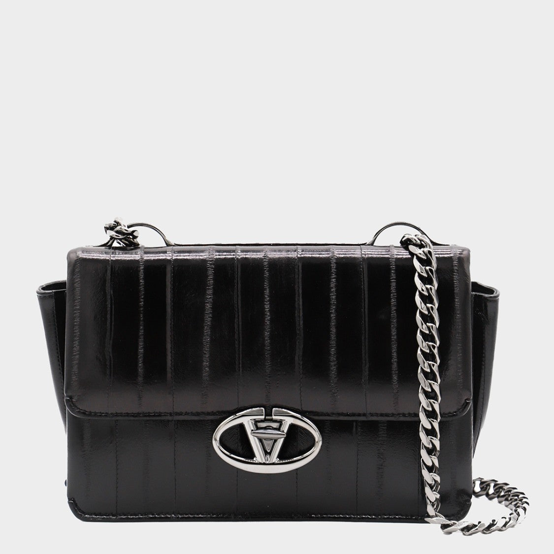Valentino Garavani Rectangular Black Bag With Glossy Quilted Texture And Silver Emblem