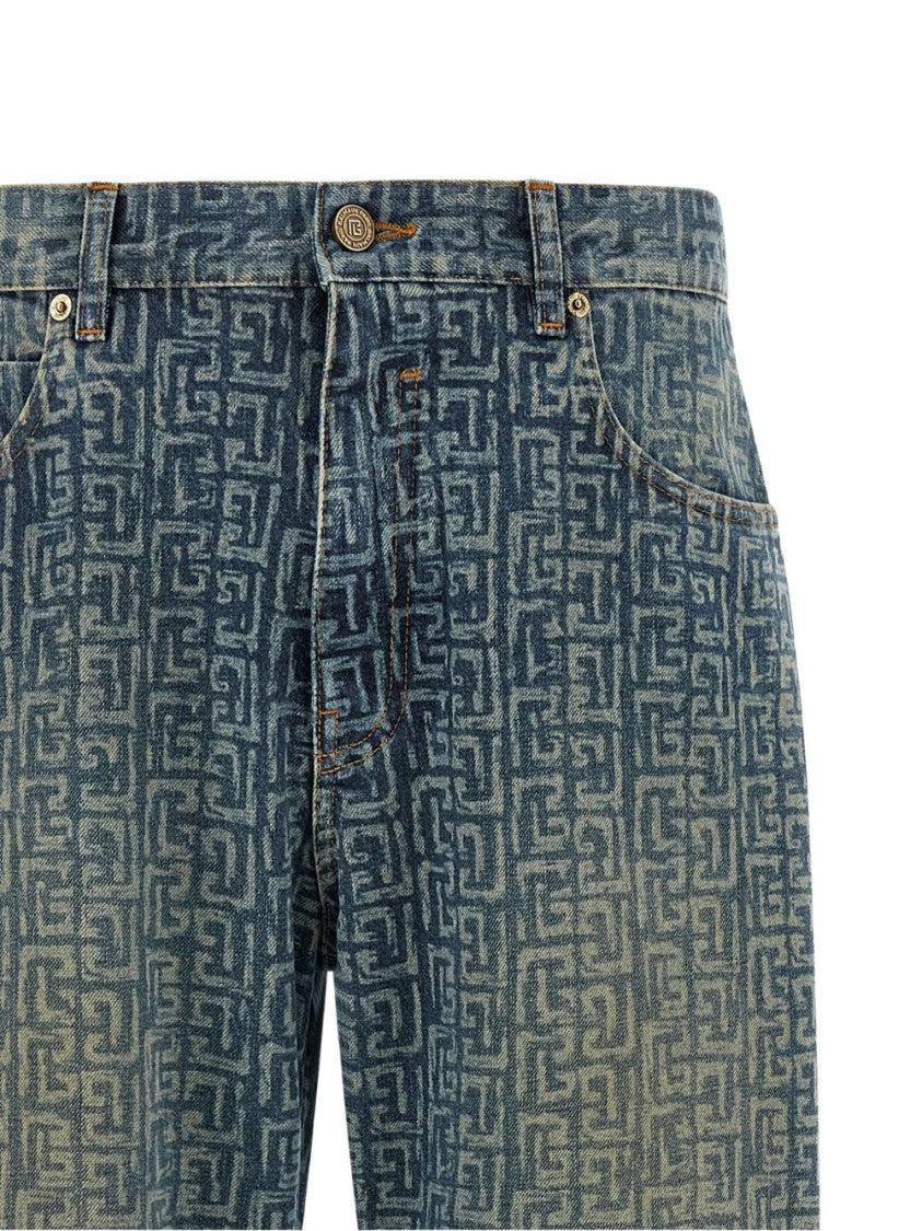 Balmain Blue Monogram Print Straight-Leg Jeans