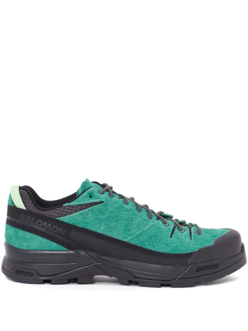 Salomon Textured Green Suede Sneakers With Lace-Up Design