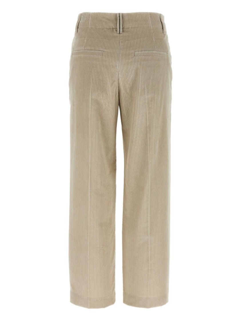 Brunello Cucinelli Beige Corduroy Trousers With Front Zip And Hook Button Closure