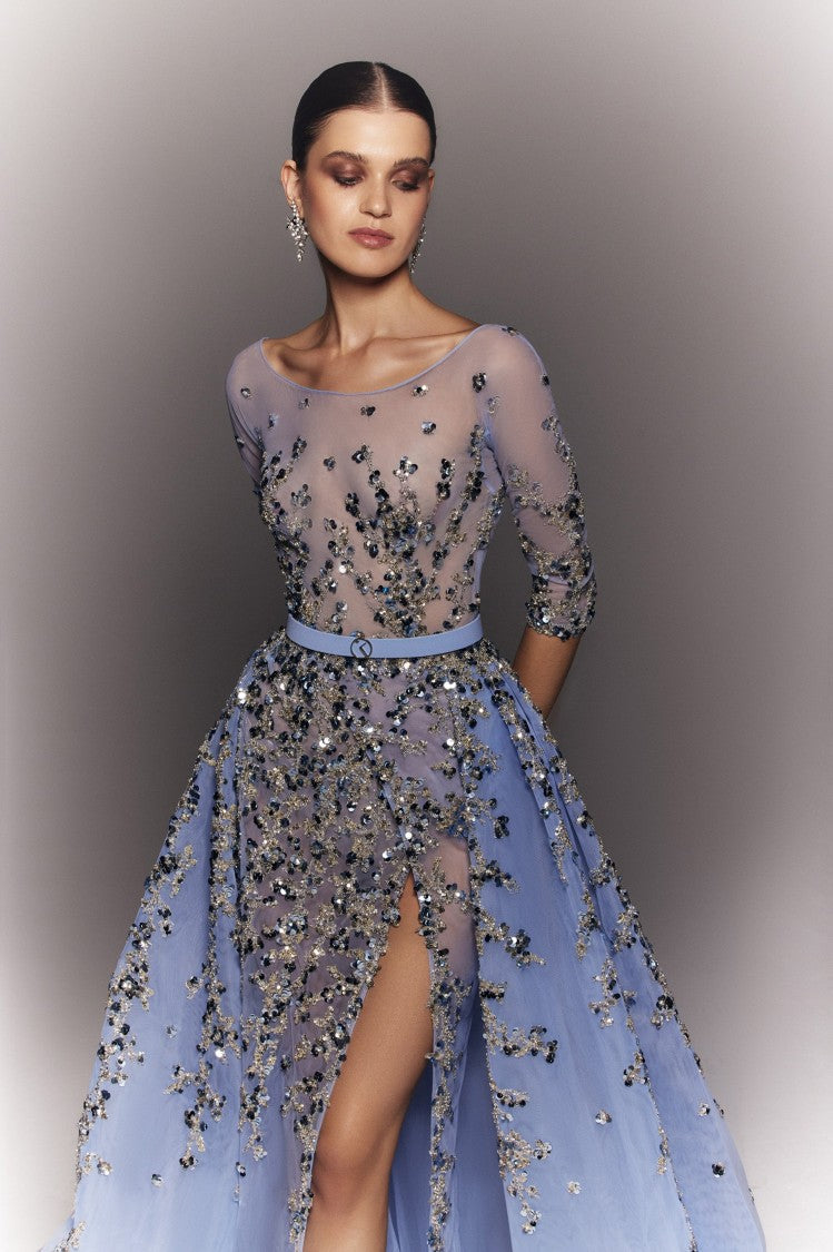 Saiid Kobeisy Tulle Beaded Dress With Envelope Skirt And Overskirt