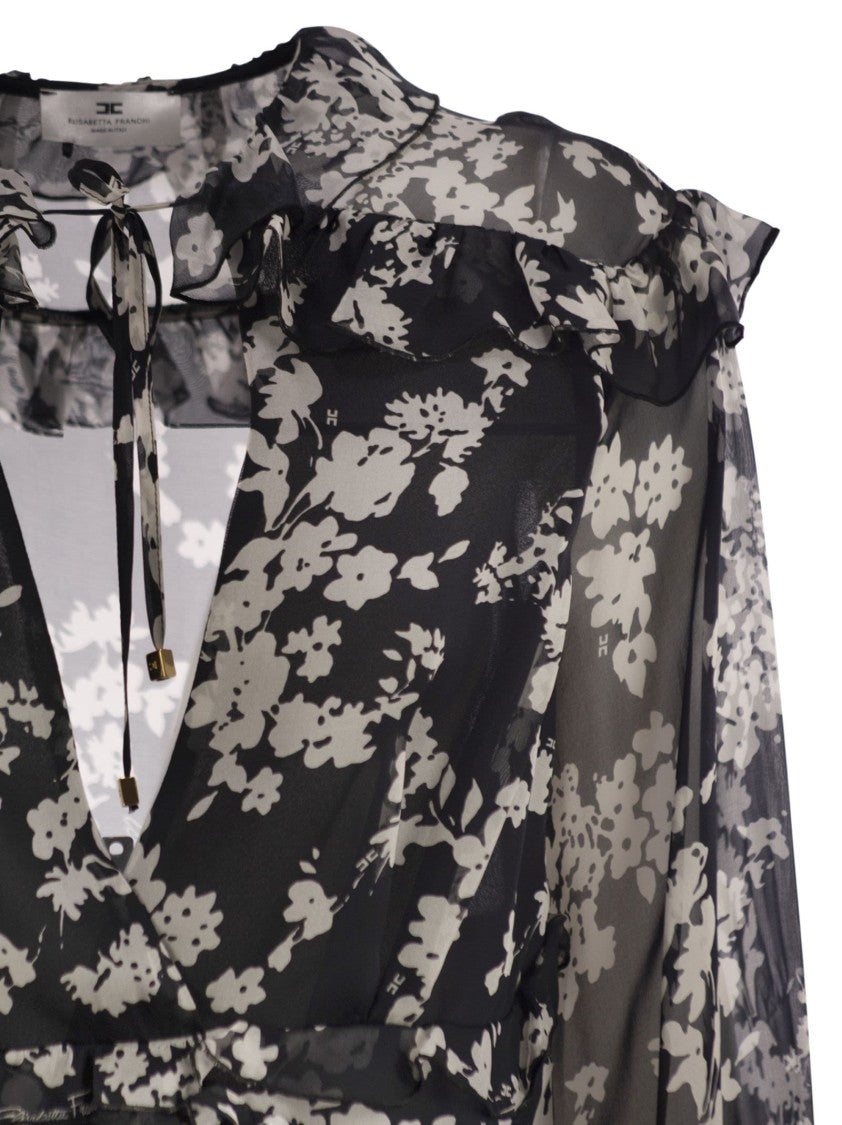 Elisabetta Franchi Printed Silk Voile Dress With Ruffles