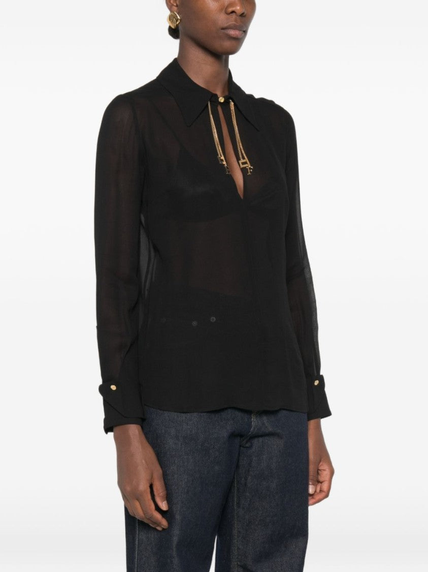 Elisabetta Franchi Sheer Black Classic Collar Blouse
