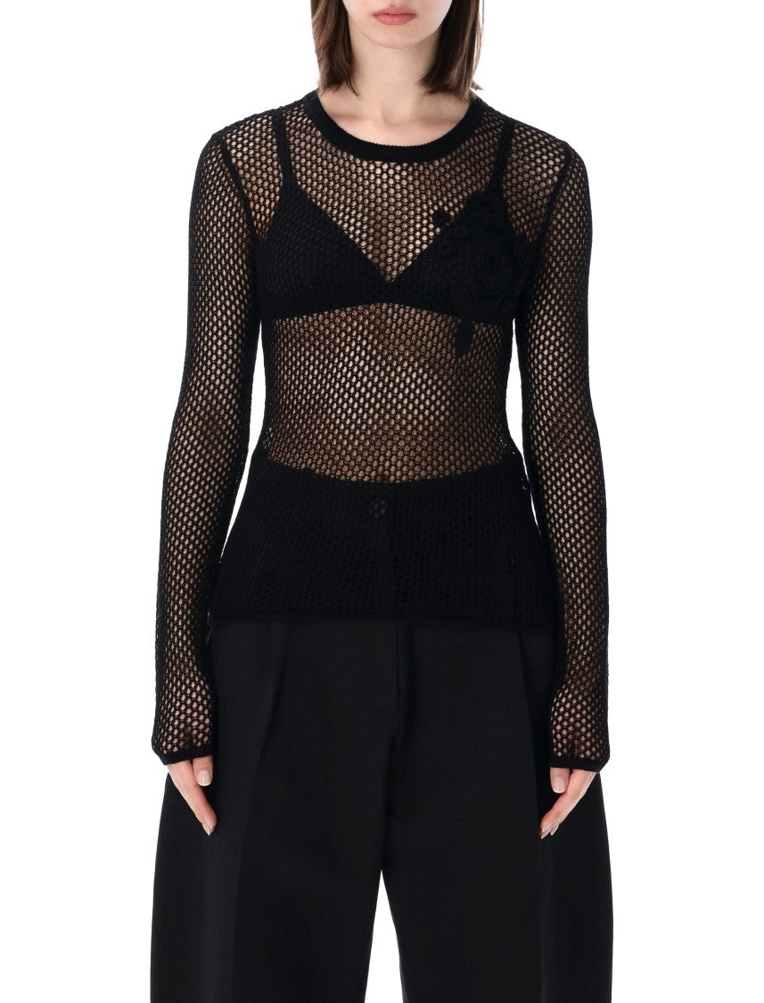 Ganni Fitted Long-Sleeve Pointelle Mesh Top With Floral Applique