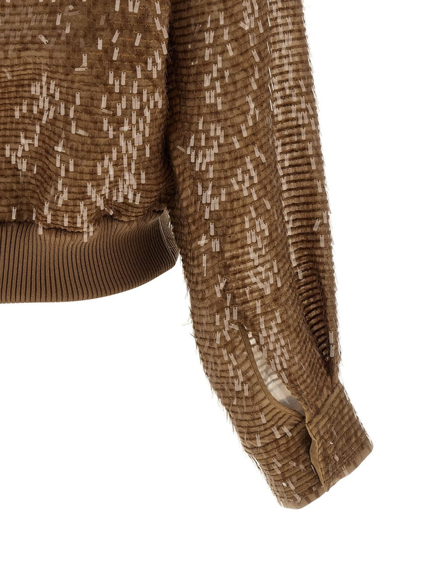 Brunello Cucinelli Sequin Embroidered Silk Bomber Cardigan