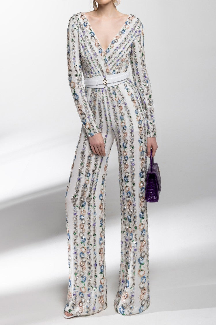 Saiid Kobeisy Canton Crepe Beaded Jumpsuit With A Wrapped Top