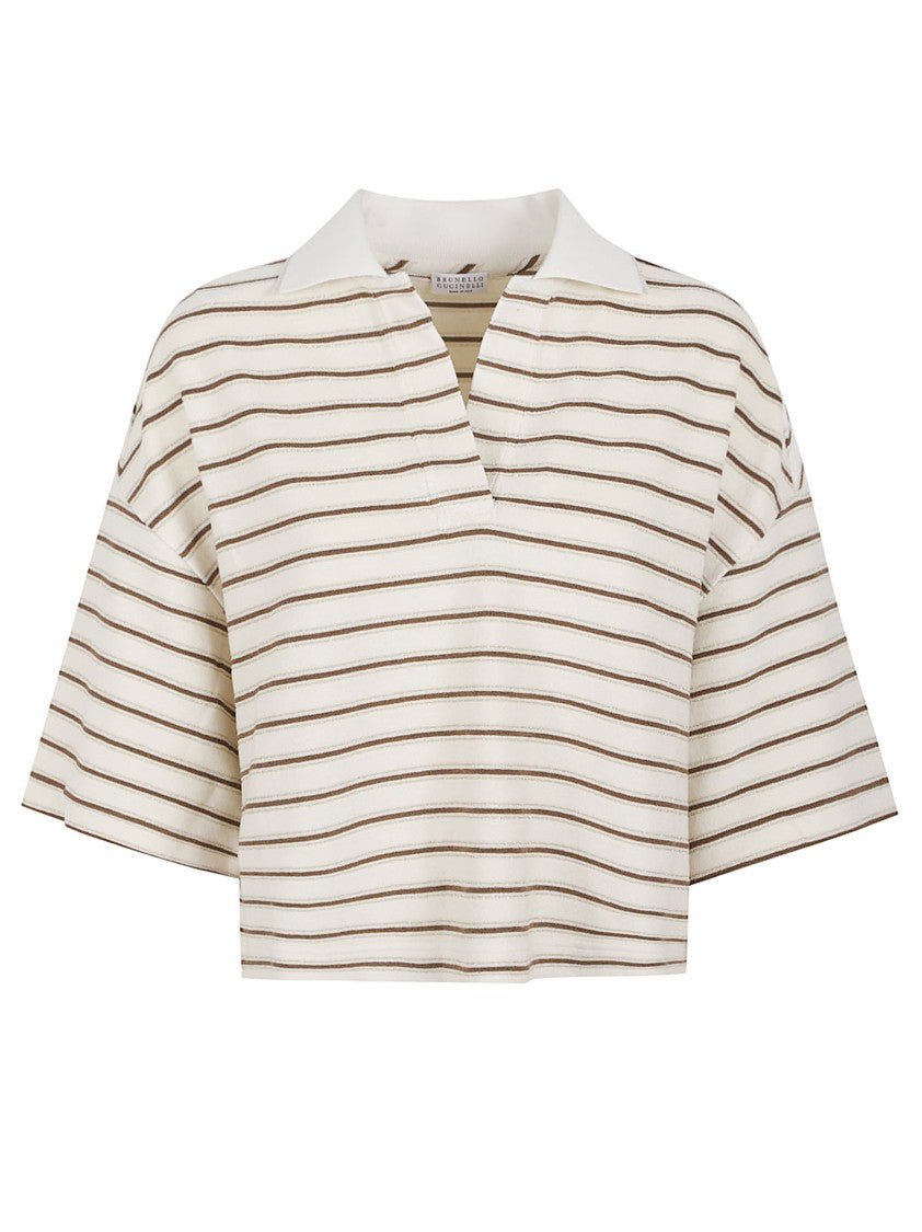 Brunello Cucinelli Cropped Top With Horizontal Stripes And Open Collar