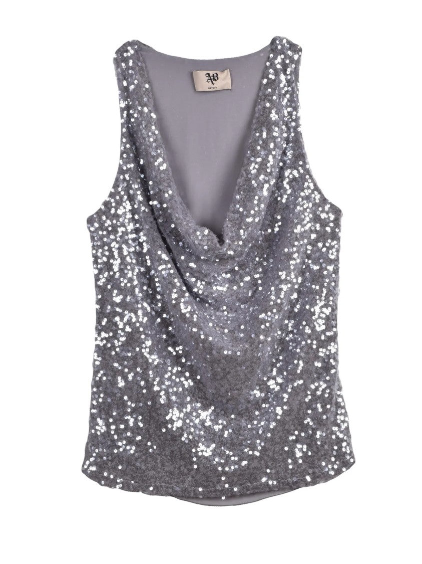 Aniye By Grey Sequined Draped Cowl-Neck Top