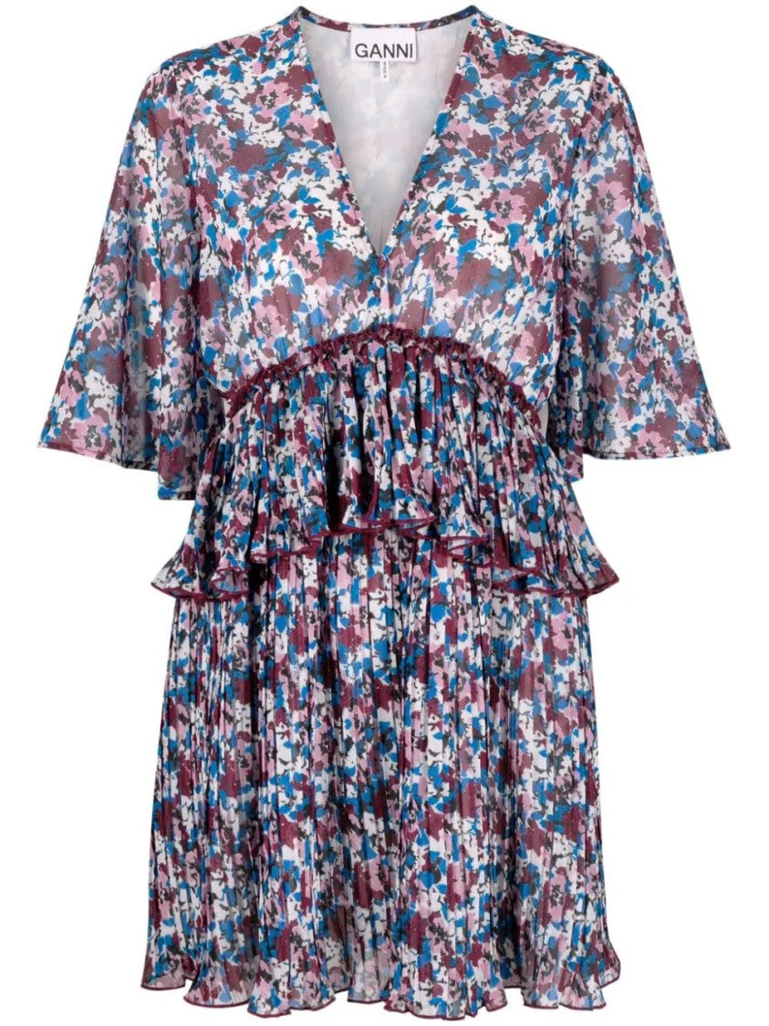 Ganni V-Neck Pleated Mini Dress With Flounce Detail