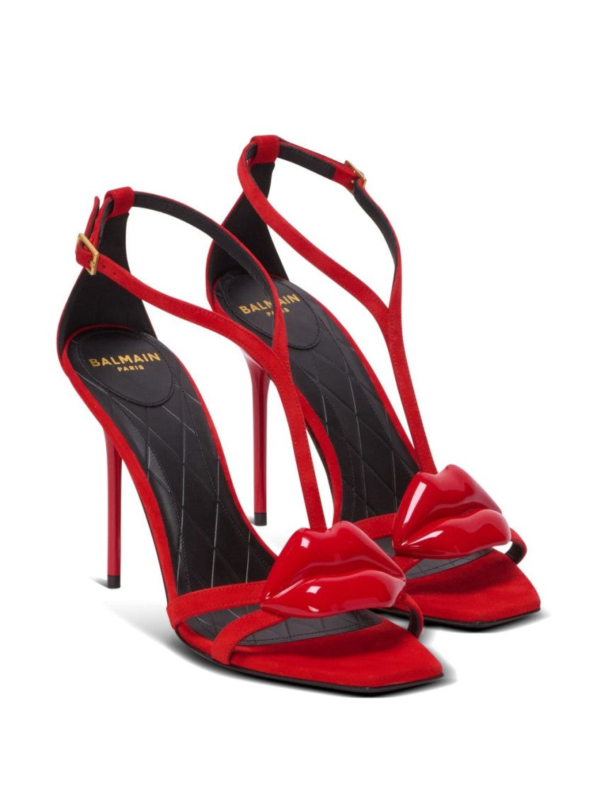 Balmain Red Stiletto Ankle Strap Open Sandals