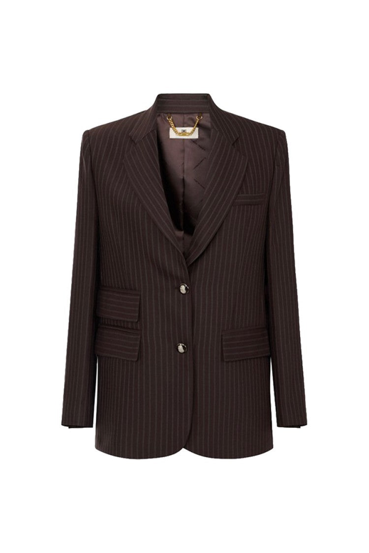 Elisabetta Franchi Brown Wool-Blend Pinstripe Blazer