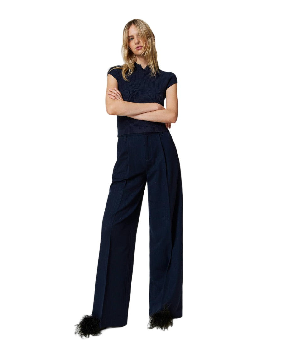Twin-Set Indigo Lurex Pinstriped Front-Pleat Wide-Leg Pants
