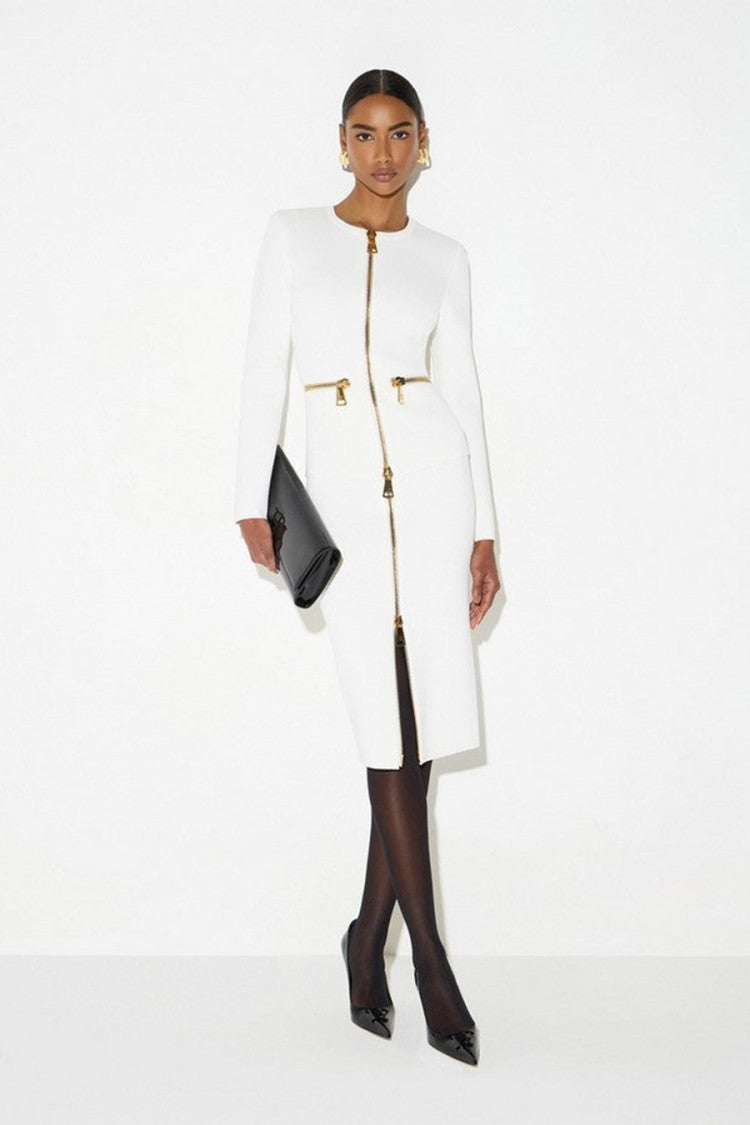 Elisabetta Franchi Ivory Viscose-Polyamide Blend Zip-Detail Pencil Skirt
