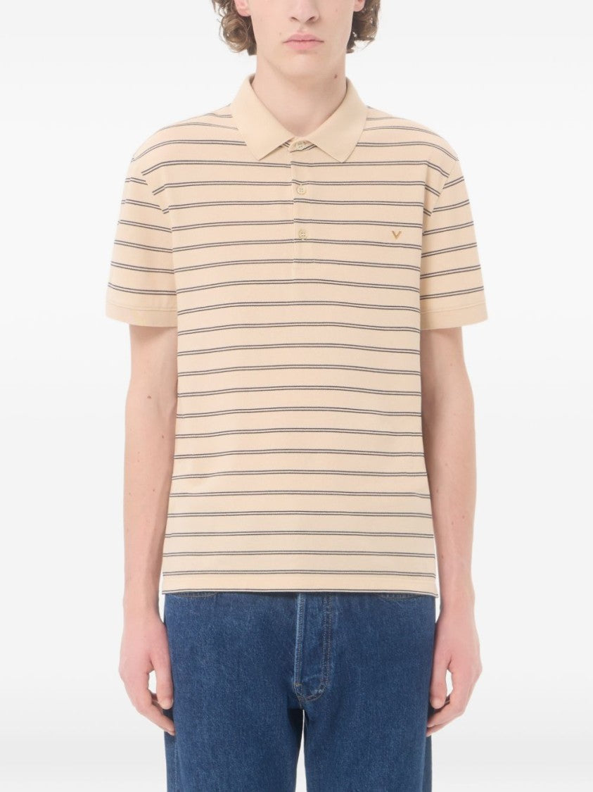 Valentino Garavani Beige Cotton Pique Navy Stripe Polo Shirt