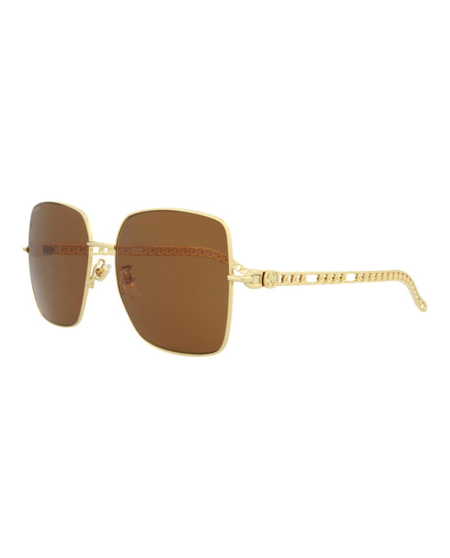 Gucci Square-Metal Frame Sunglasses With Chain-Link Temples