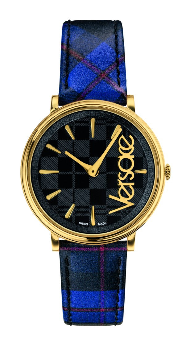 Versace Quartz Analog Wristwatch With Gold-Tone Case And Blue Leather Strap