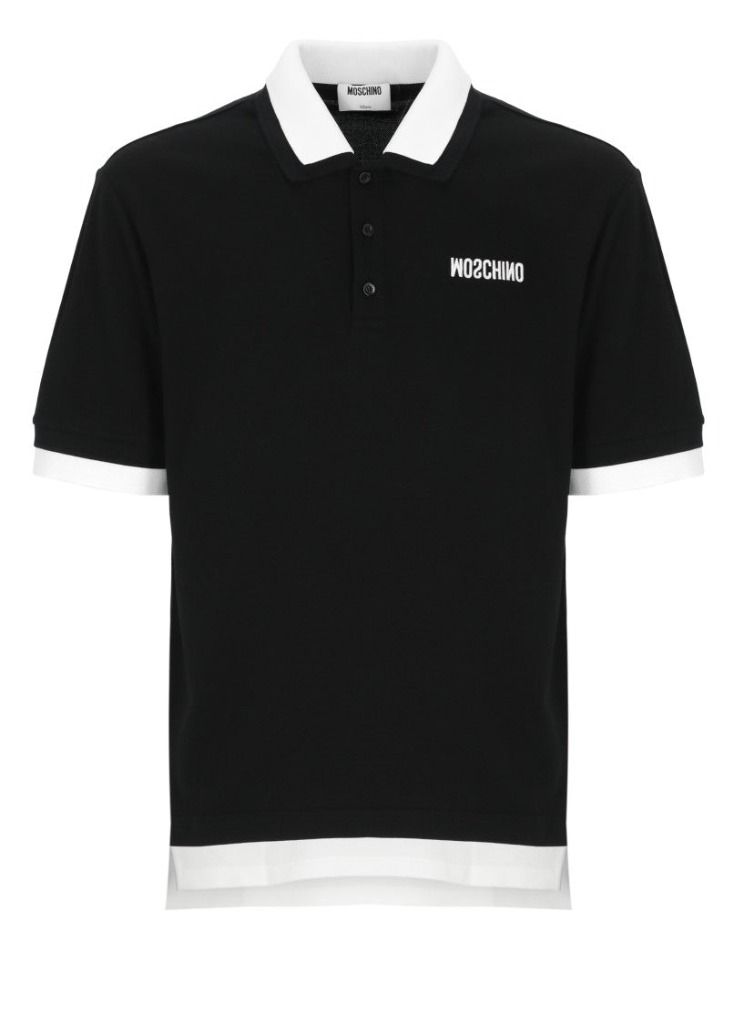 Moschino Black Double Collar Embroidered Logo Cotton Polo Shirt