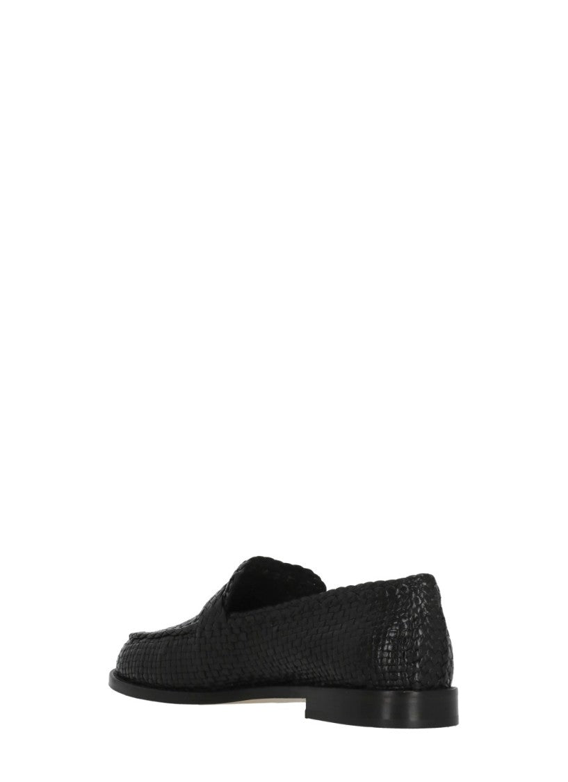 Poeve Black Woven Pattern Leather Loafers