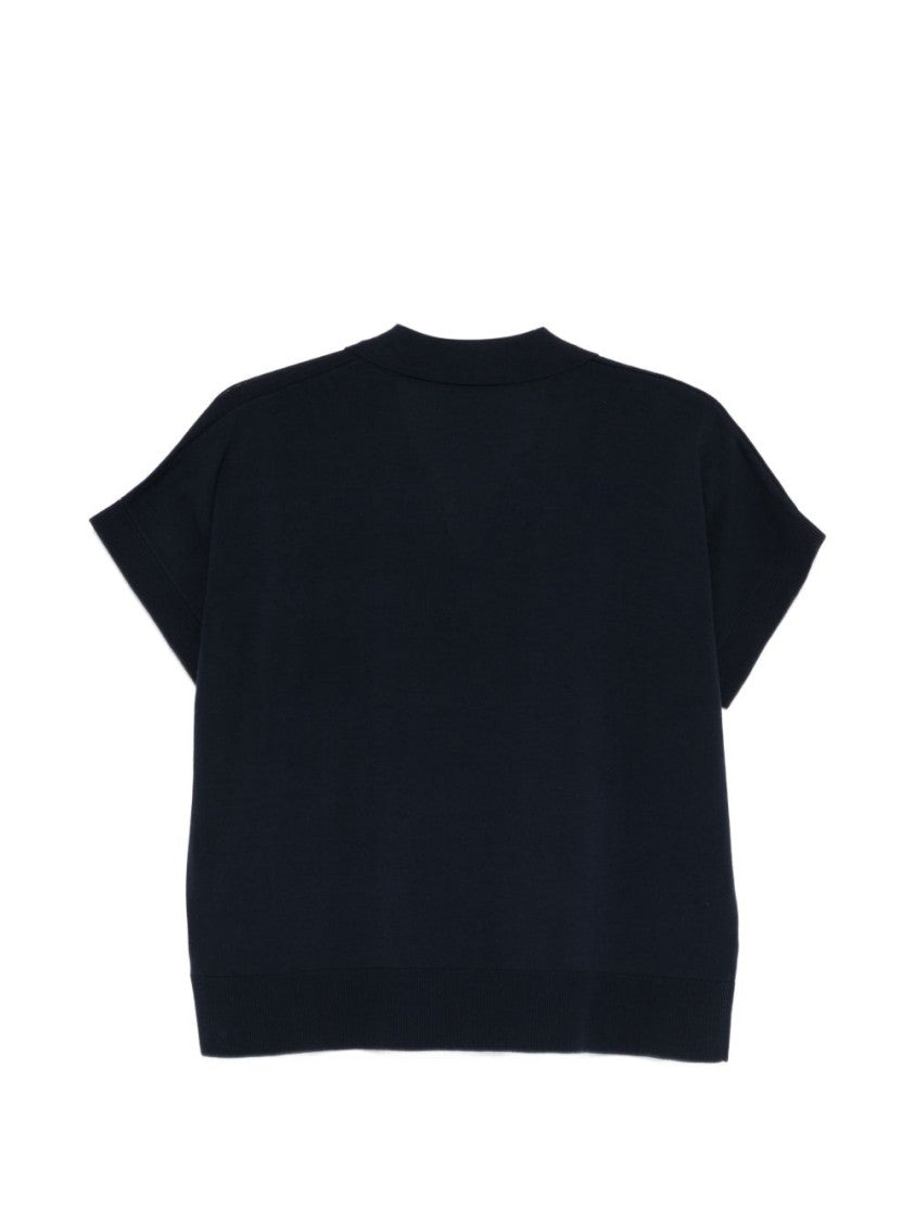 Aspesi Short-Sleeved Blue Cotton Top With Deep V-Neck And Ribbed Detailing