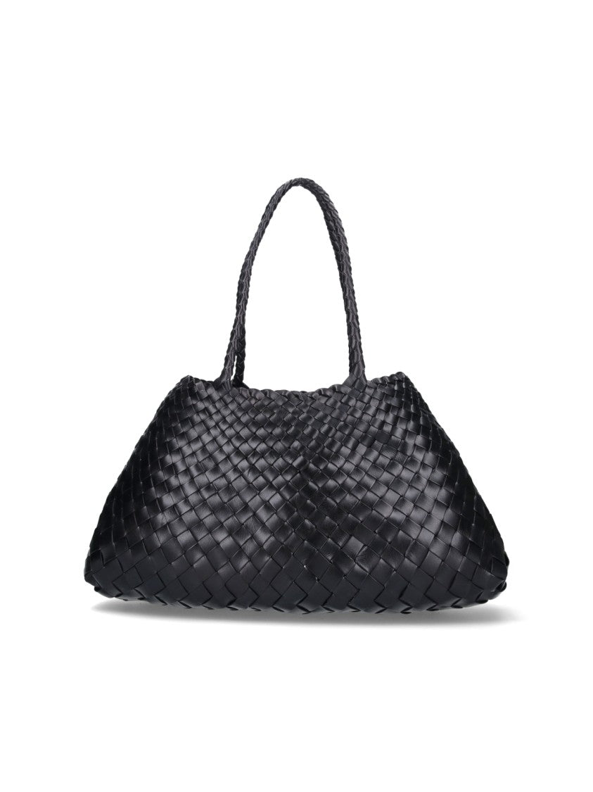 Dragon Diffusion Spacious Black Woven Leather Tote Bag With Braided Handles