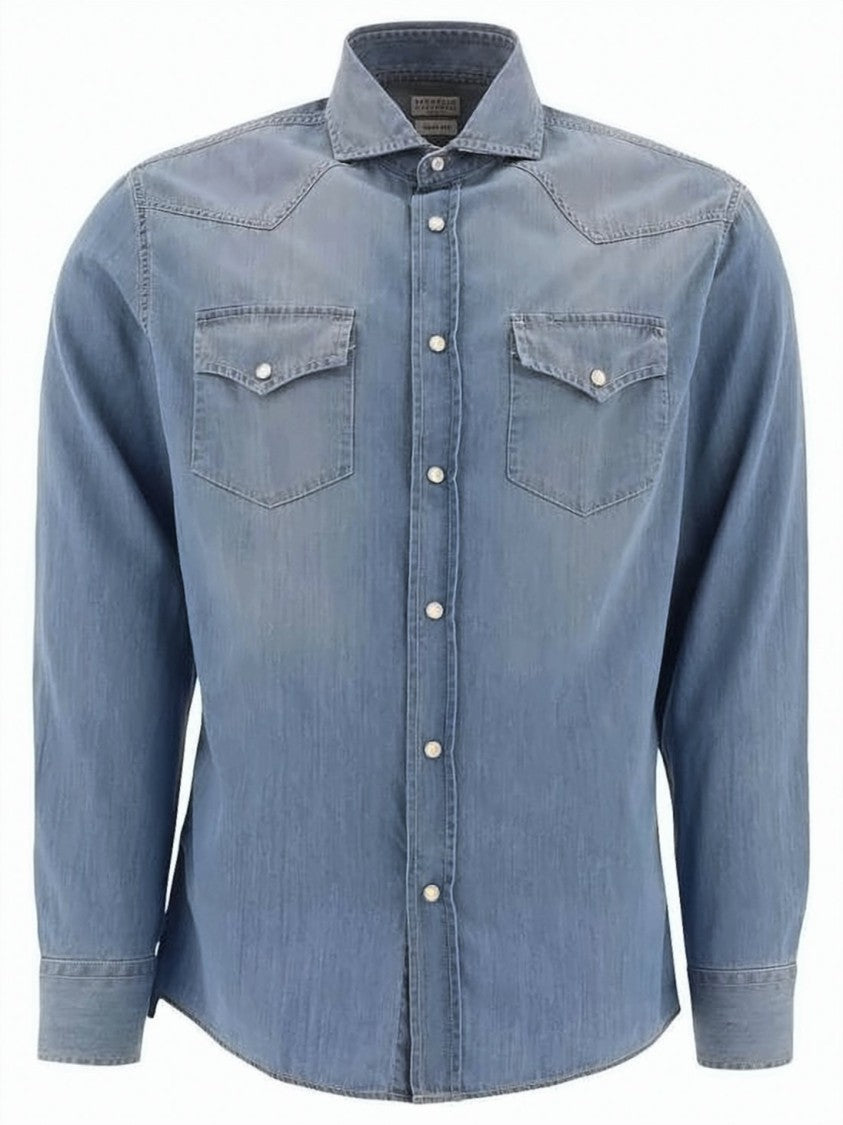 Brunello Cucinelli Ultralight Denim Long-Sleeve Shirt With Classic Collar