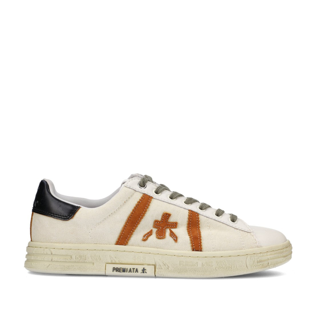 Premiata Russell Sneakers In White Leather And Natural Canvas