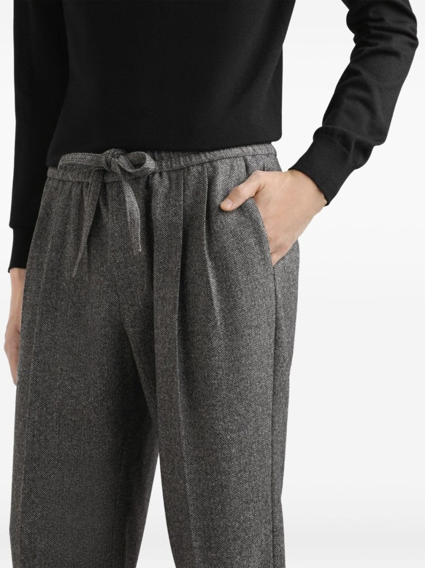 Dolce & Gabbana Houndstooth Patterned Grey Trousers With Drawstring Waist