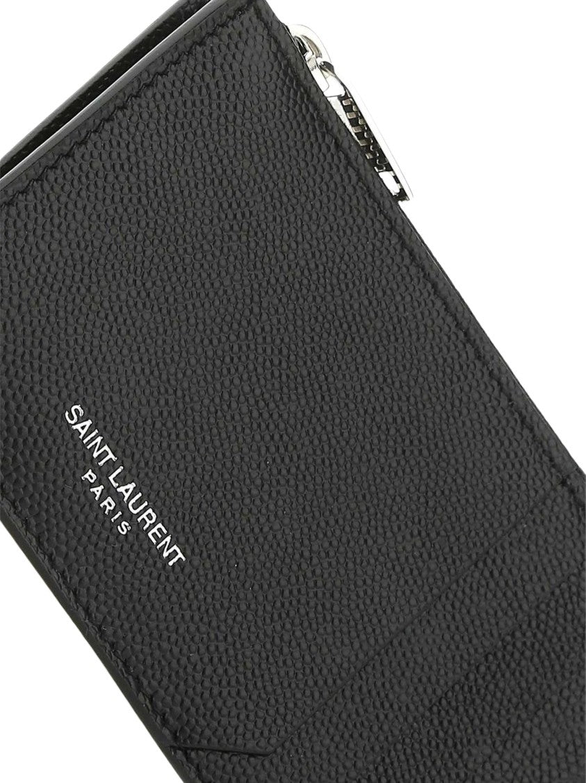 Saint Laurent Textured Calf Leather Cardholder With Silver Brass Accents