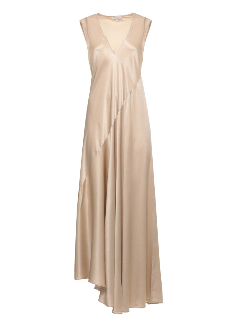 Antonelli Firenze Gold Silk Blend Maxi Dress With V-Neck And Flared Hem