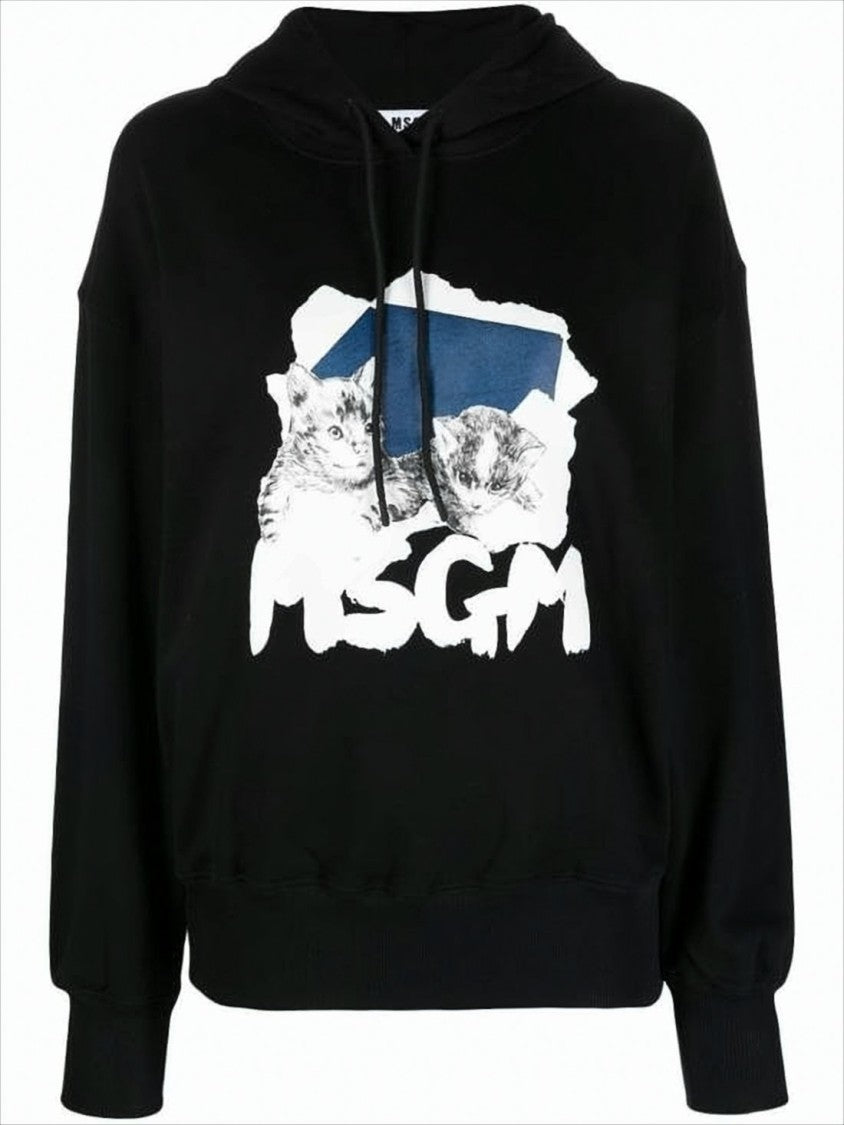 Msgm Graphic Hooded Sweatshirt With Cat Design