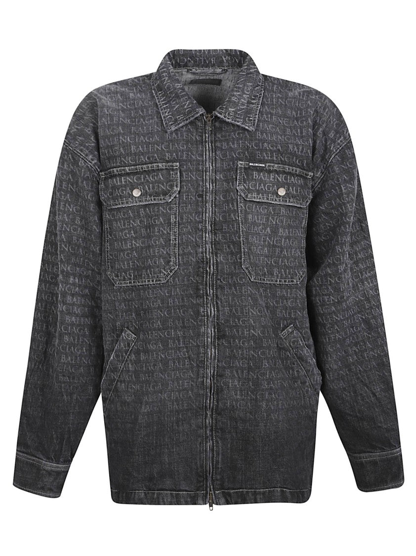 Balenciaga Washed Black Denim Jacket With Tonal Logo Print And Flap Pockets