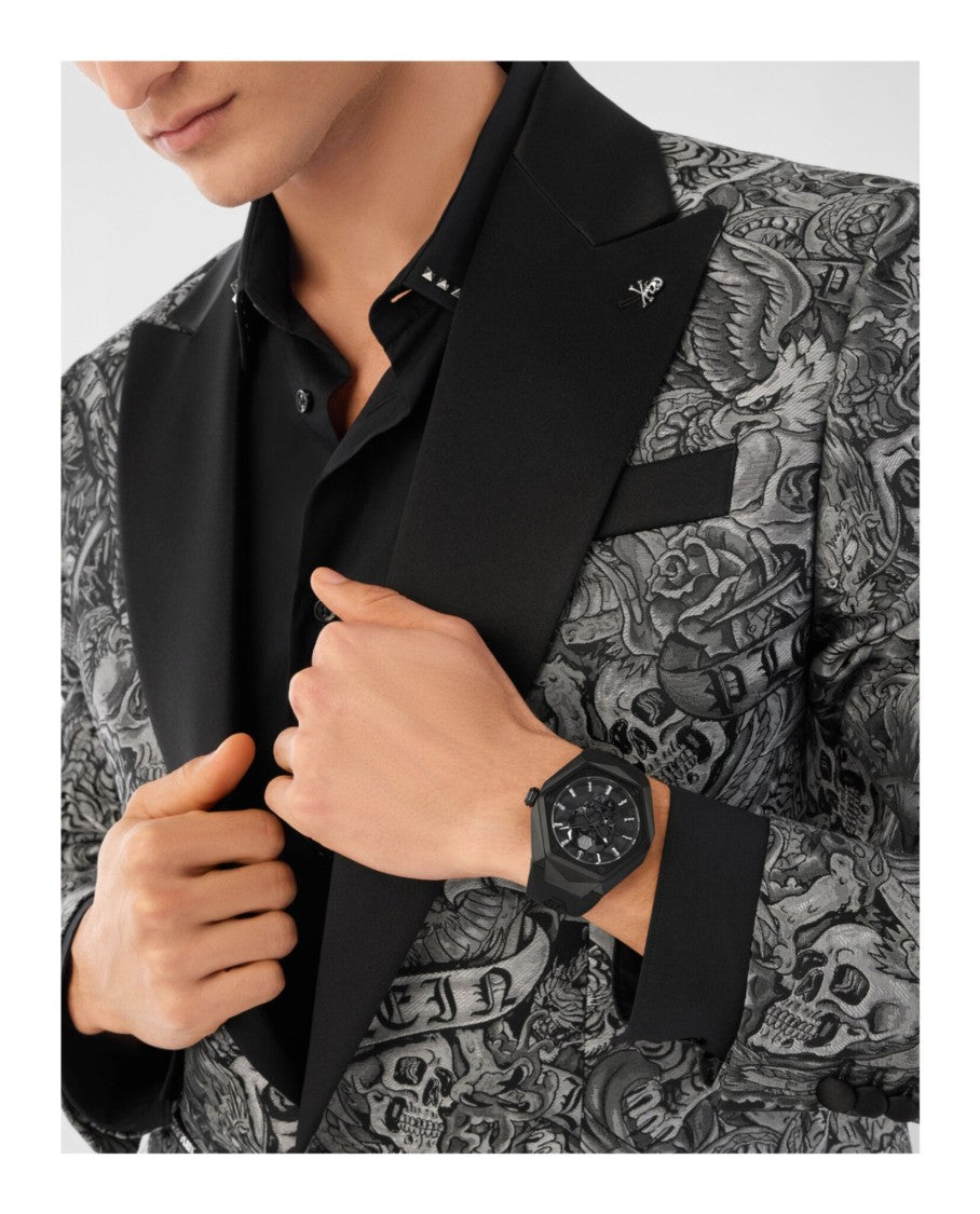 Philipp Plein Bold Black Silicone Watch With Intricate Guilloche Dial