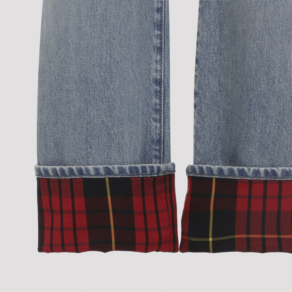 Alexander Mcqueen Light Blue Denim Jeans With Bold Tartan Cuffs