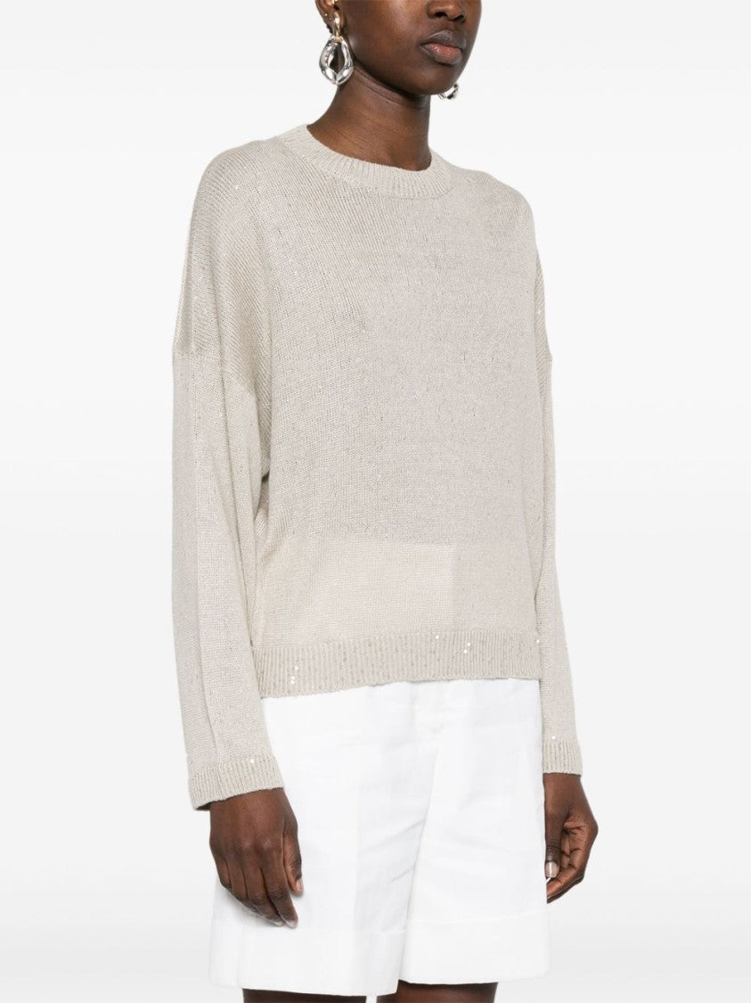 Brunello Cucinelli Beige All-Over Sequins Linen-Silk Sweater