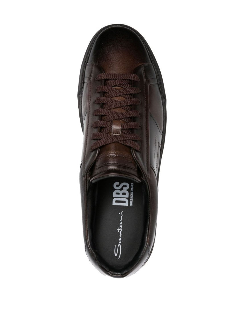 Santoni Brown Calfskin Lace-Up Sneakers With Debossed Branding