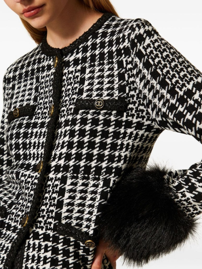 Twin-Set Houndstooth Pattern Jacket With Faux Fur Accents